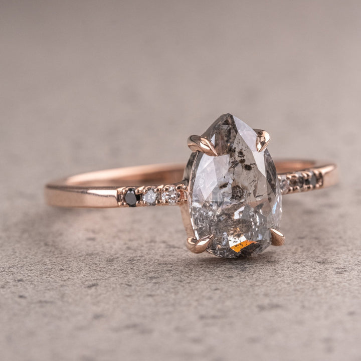 Natural Salt And Pepper 1.70 CT Pear Diamond Unique Engagement Ring
