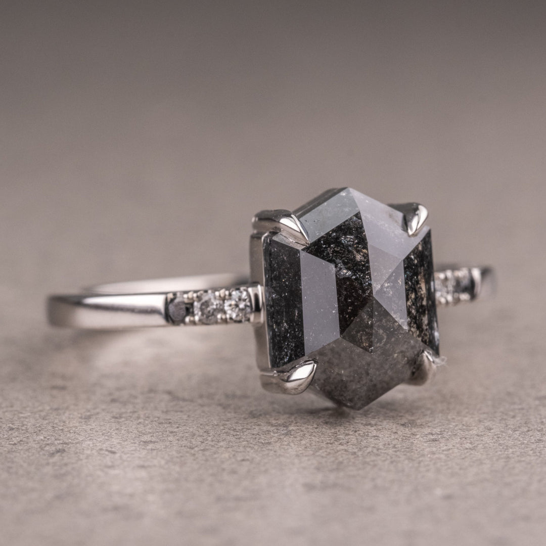 Natural Salt And Pepper 2.72 CT Hexagon Diamond Unique Anniversary Ring