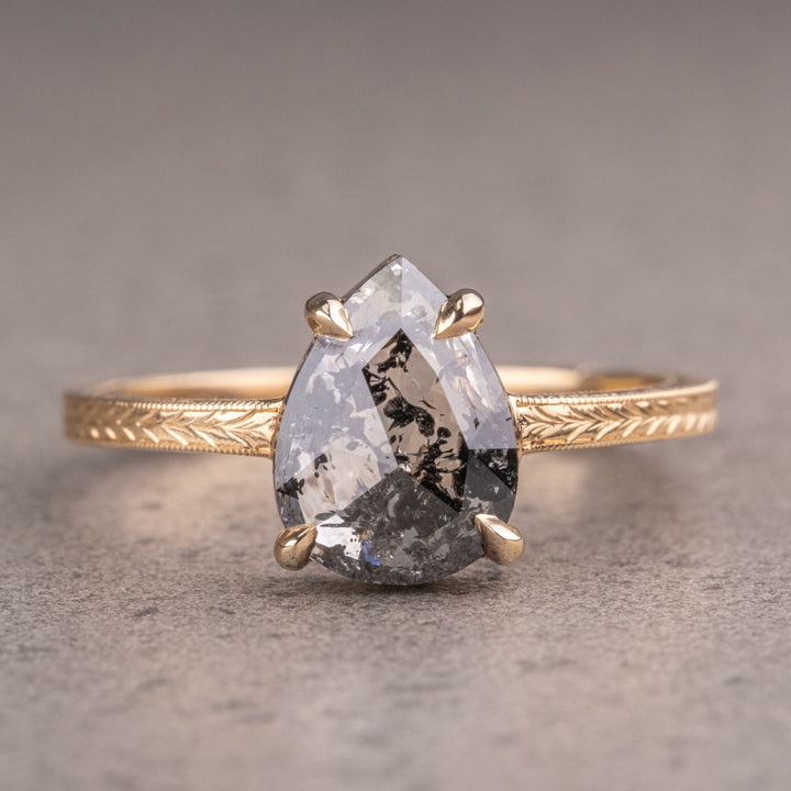 Natural Salt And Pepper 1.70 CT Pear Diamond Unique Handmade Ring
