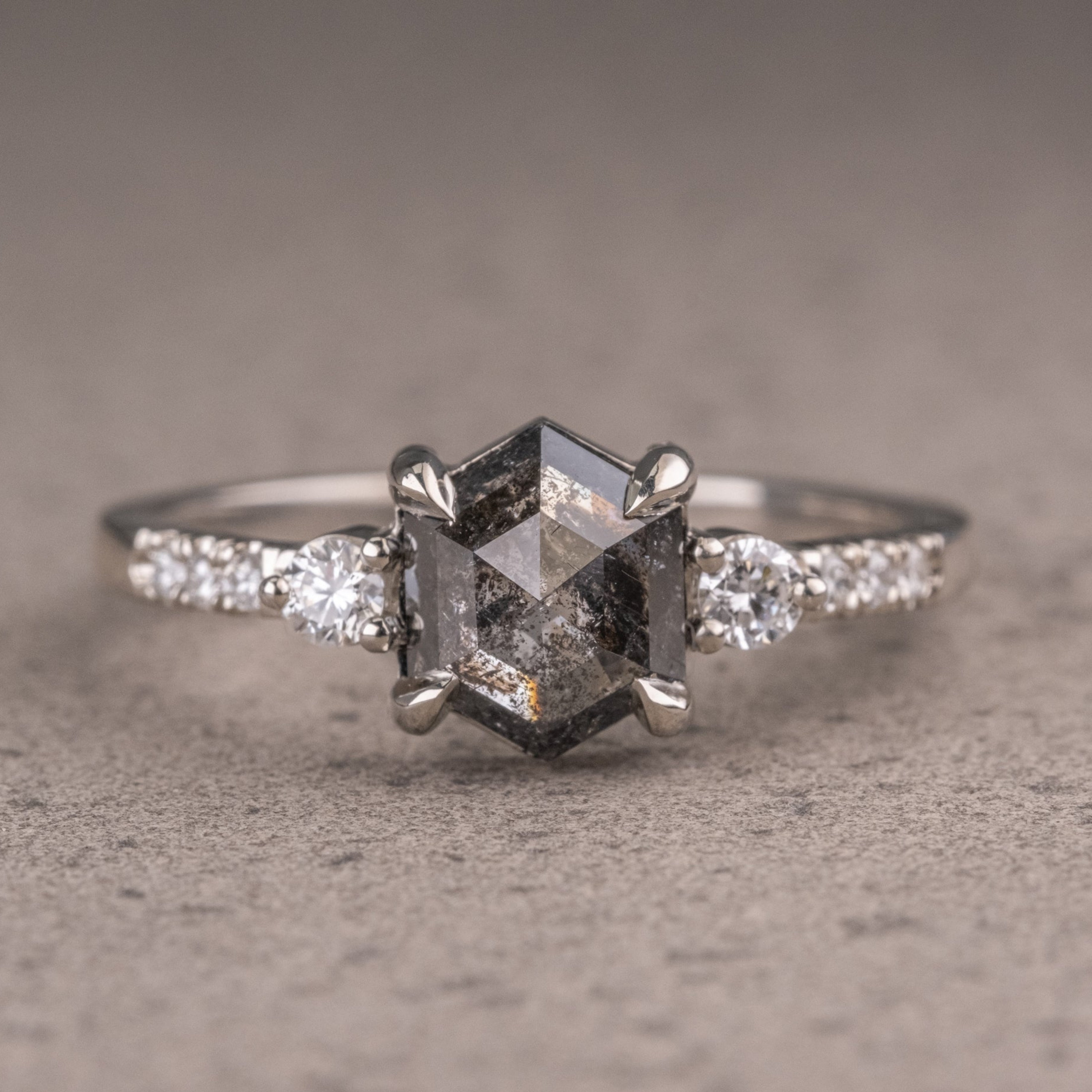 Natural Salt And Pepper 1.85 CT Hexagon Diamond Unique Engagement Ring