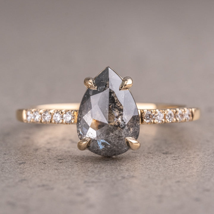 Natural Salt And Pepper 3.10 CT Pear Diamond Unique Engagement Ring