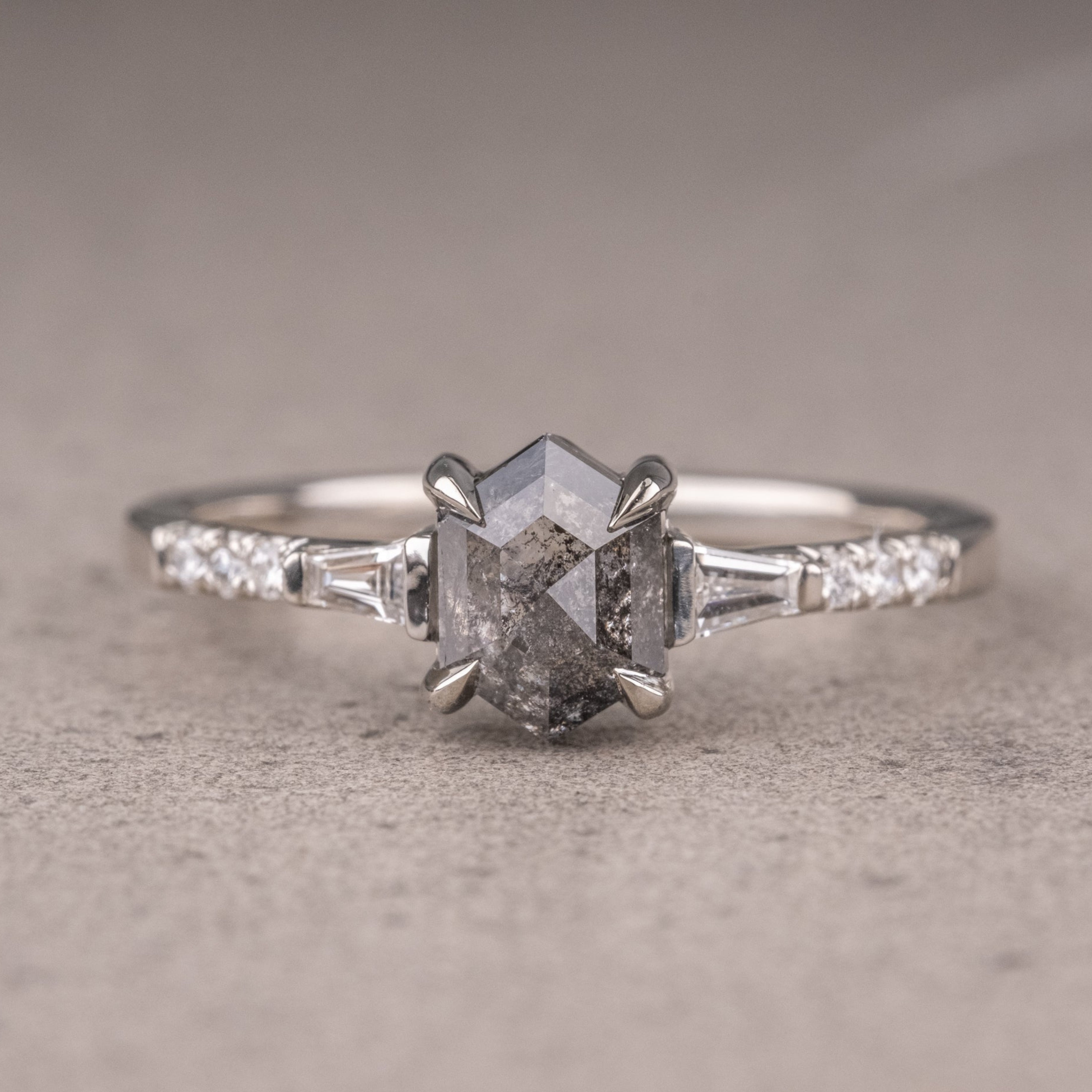 Natural Salt And Pepper 3.15 CT Hexagon Diamond Unique Wedding Ring