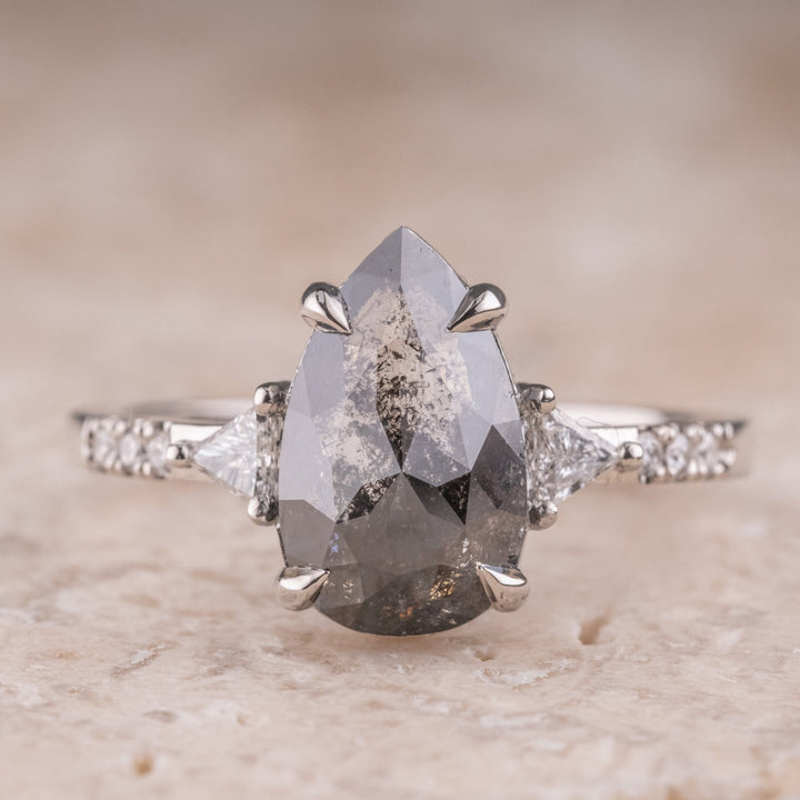 Natural Salt And Pepper 3.85 CT Pear Diamond Unique Anniversary Ring