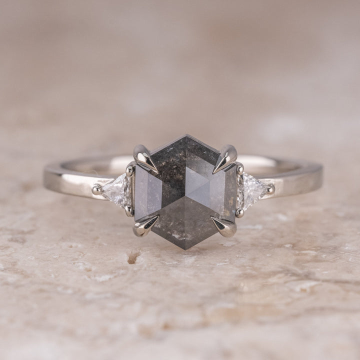 Natural Salt And Pepper 2.25 CT Hexagon Diamond Unique Engagement Ring