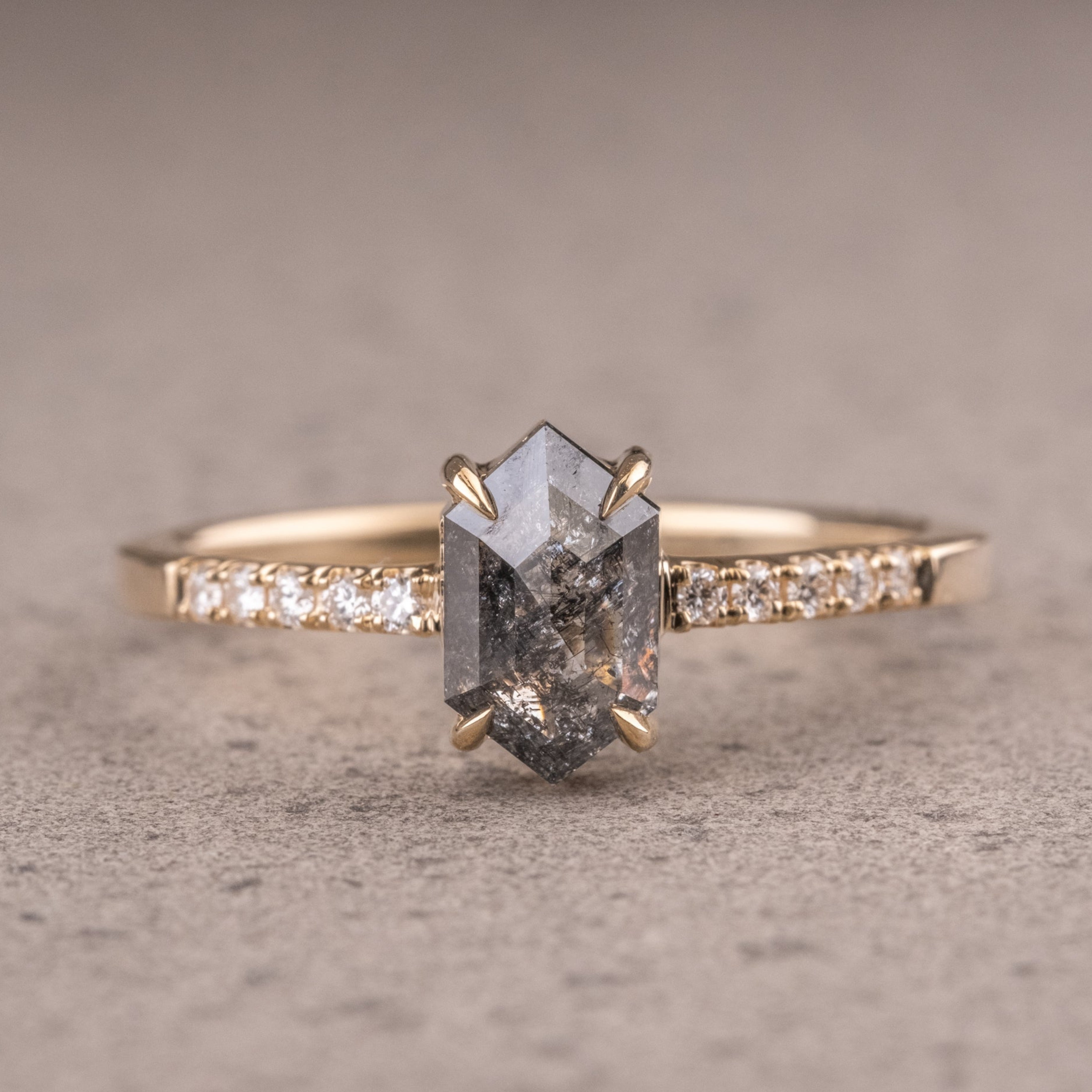 Natural Salt And Pepper 3.20 CT Hexagon Diamond Unique Wedding Ring