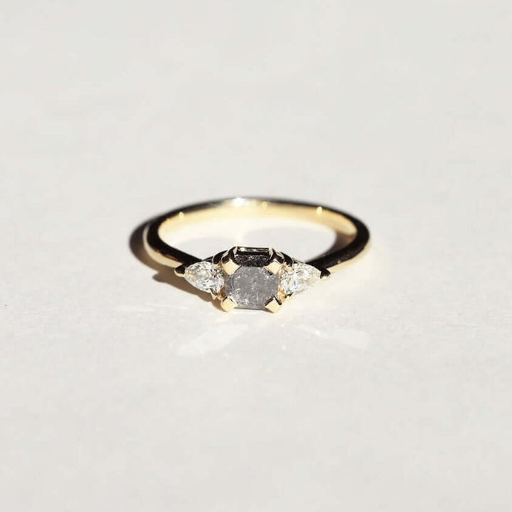 Natural Salt And Pepper 3.90 CT Cushion Diamond Unique Handmade Ring