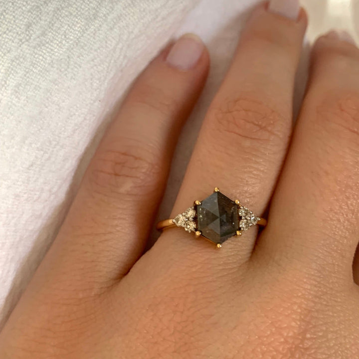 Natural Salt And Pepper 2.00 CT Hexagon Diamond Unique Engagement Ring