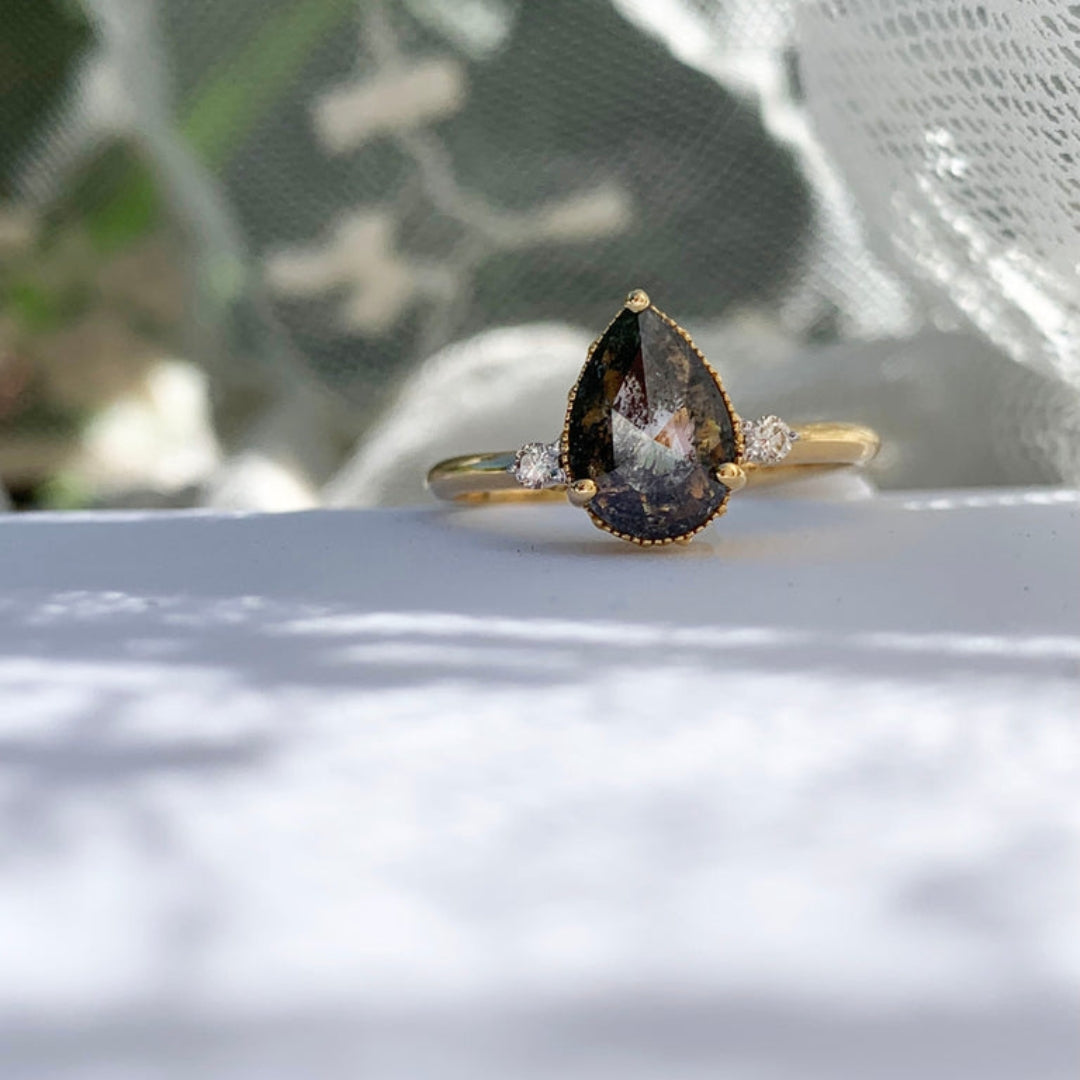 Natural Salt And Pepper 1.12 CT Pear Diamond Unique Anniversary Ring