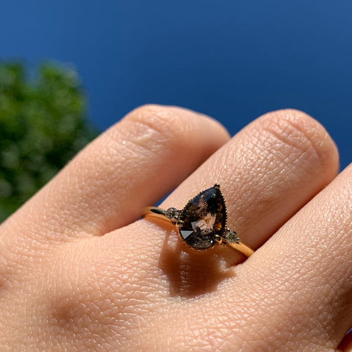 Natural Salt And Pepper 1.12 CT Pear Diamond Unique Anniversary Ring