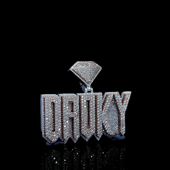 Luxe Statement Charm Droky Moissanite Pendant in 925 Sterling Silver Close Up Front View