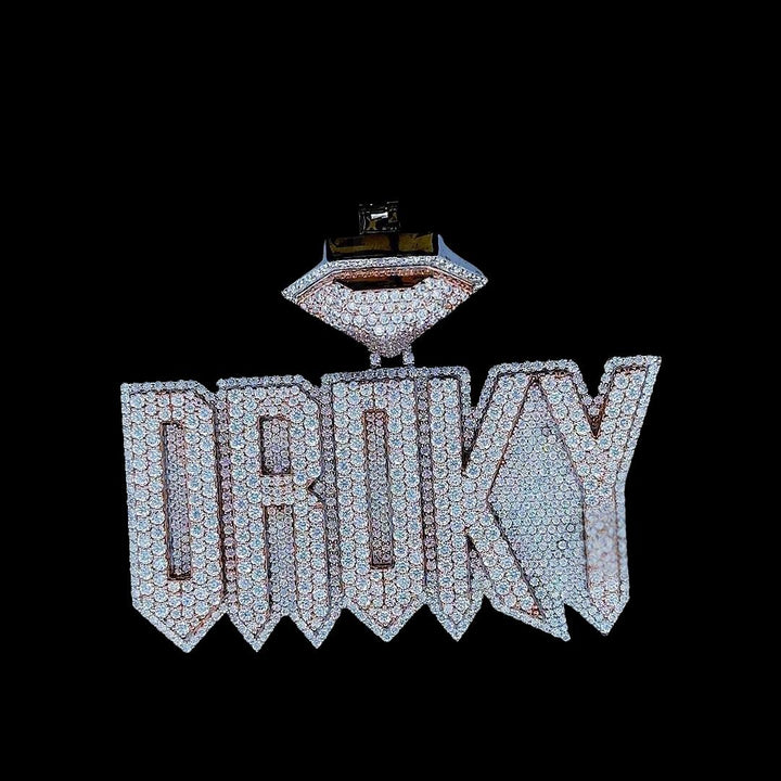 Luxe Statement Charm Droky Moissanite Pendant in 925 Sterling Silver Full Close Up Front View