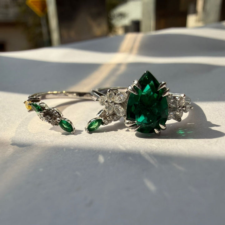Designer Green Diamond Bridal Ring Set with Sparkling White Stones