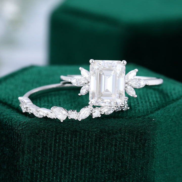 Moissanite 4.85 CT Emerald Diamond Avant Garde Anniversary Ring