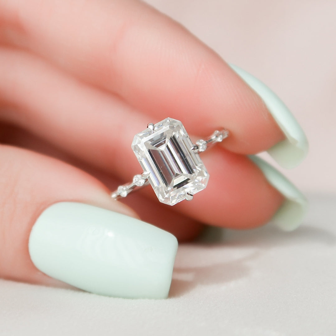 Moissanite 2.94 CT Emerald Cut Diamond Avant Garde Wedding Ring