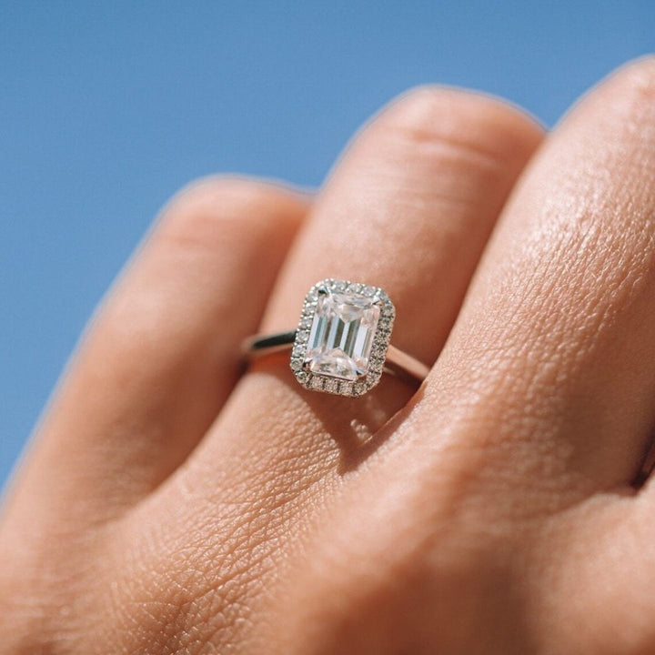 Moissanite  3.85 CT Emerald Cut Diamond  Art Nouveau Wedding  Ring