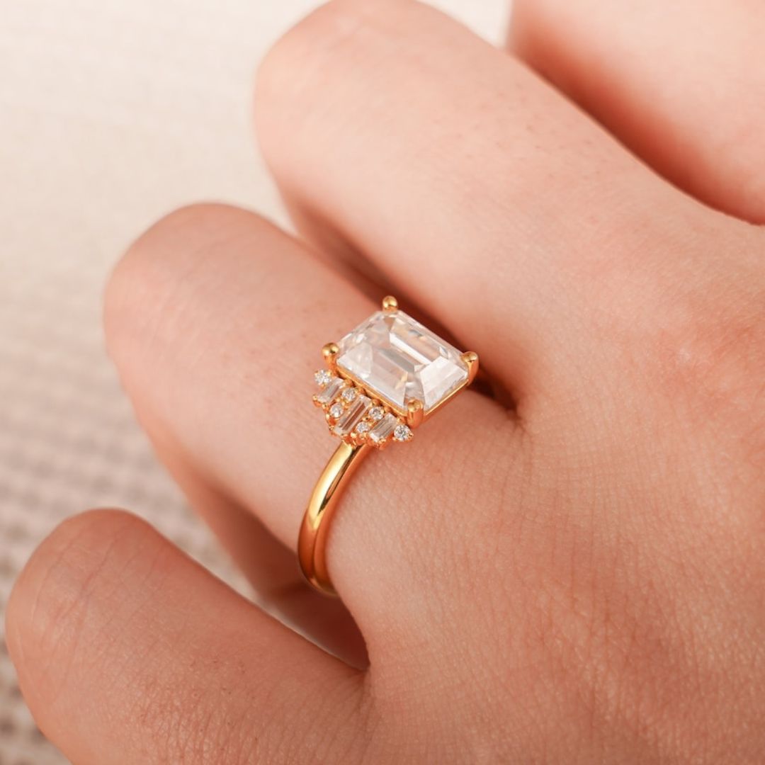 Moissanite 3.47 CT Emerald Cut Diamond  Victorian Wedding Ring