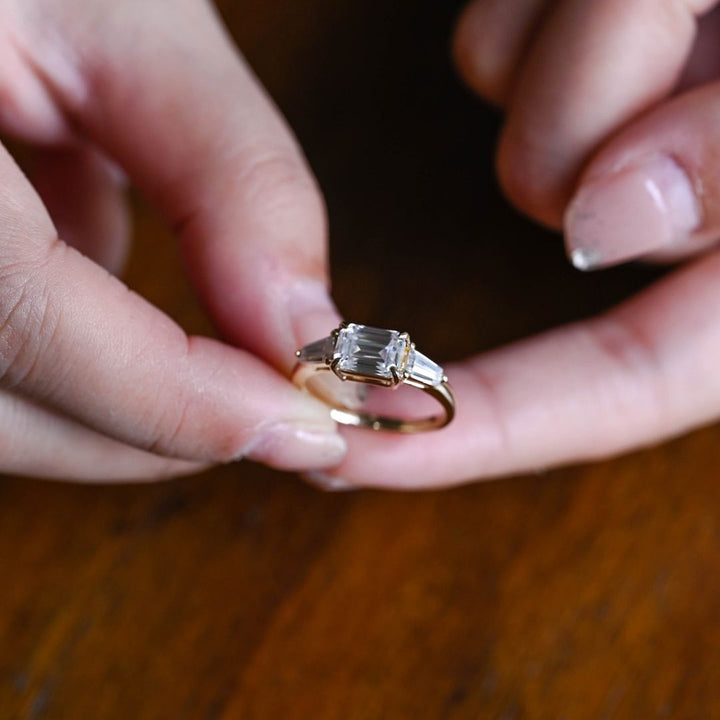 Moissanite 3.22 CT Emerald Cut Diamond  Avant Garde Engagement Ring