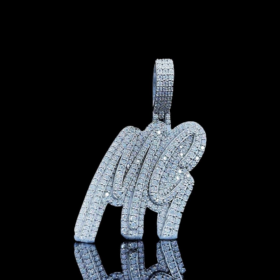 MG Iced Script Moissanite Pendant in 925 Sterling Silver Close Up Front View