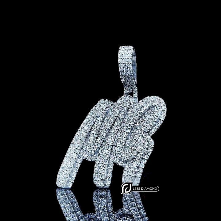 MG Iced Script Moissanite Pendant in 925 Sterling Silver Front View