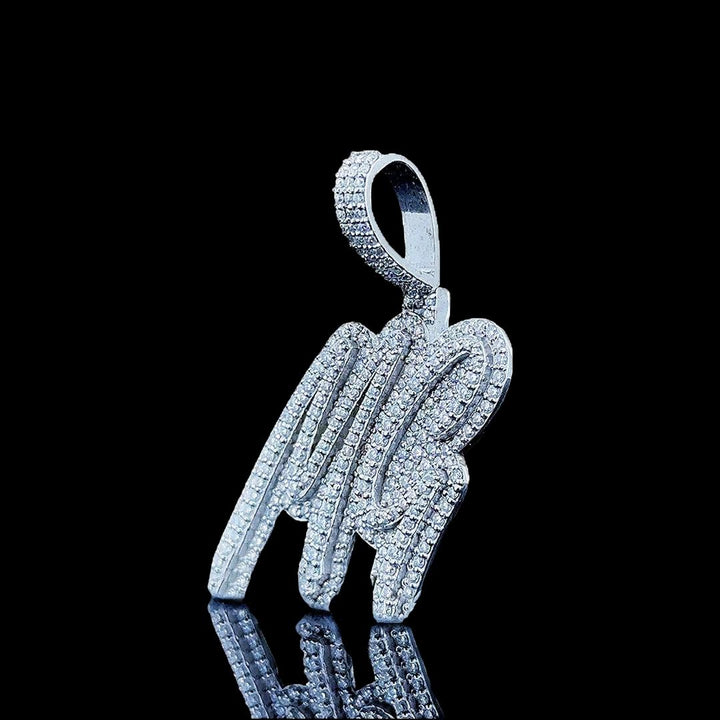 MG Iced Script Moissanite Pendant in 925 Sterling Silver Left Profile View