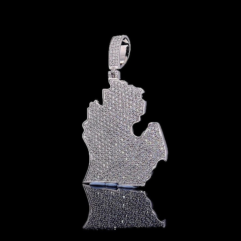 Map Masterpiece Moissanite Emblem Pendant in 925 Sterling Silver Close Up Front View