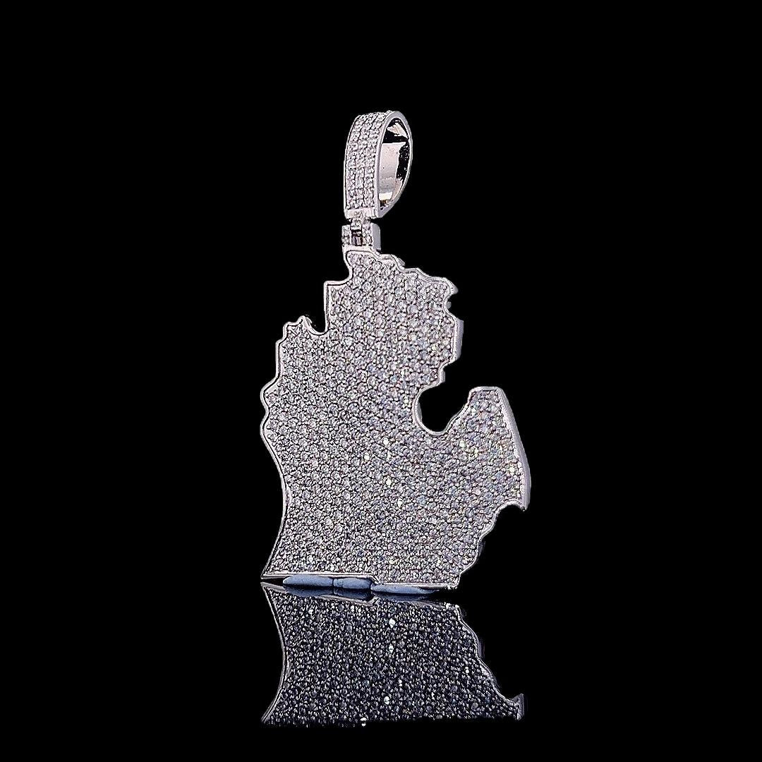 Map Masterpiece Moissanite Emblem Pendant in 925 Sterling Silver Close Up Front View