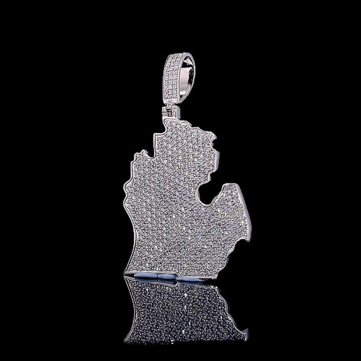 Map Masterpiece Moissanite Emblem Pendant in 925 Sterling Silver Close Up Front View