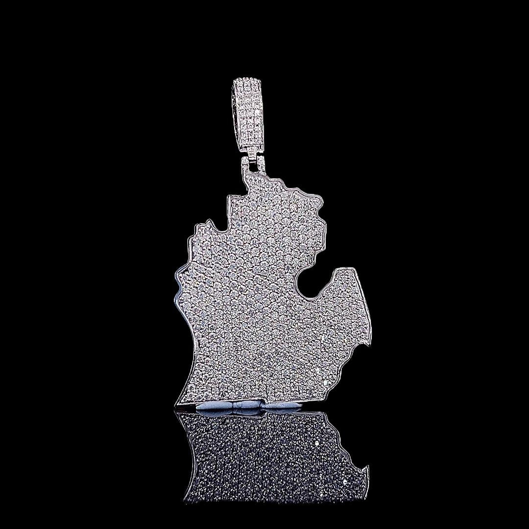 Map Masterpiece Moissanite Emblem Pendant in 925 Sterling Silver Close Up Profile View