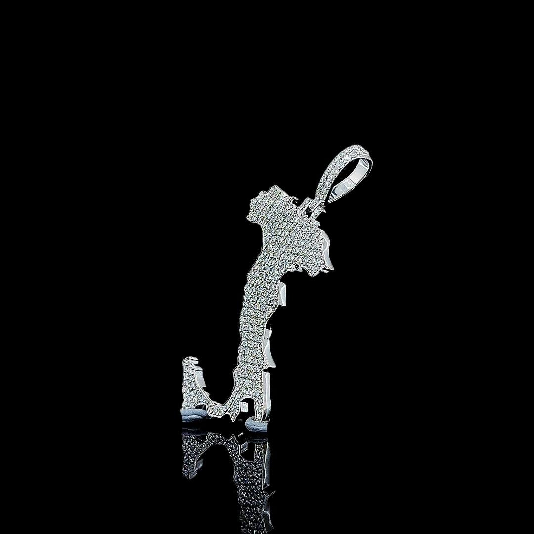 Map Silhouette Moissanite Pendant in 925 Sterling Silver Close Up Front View