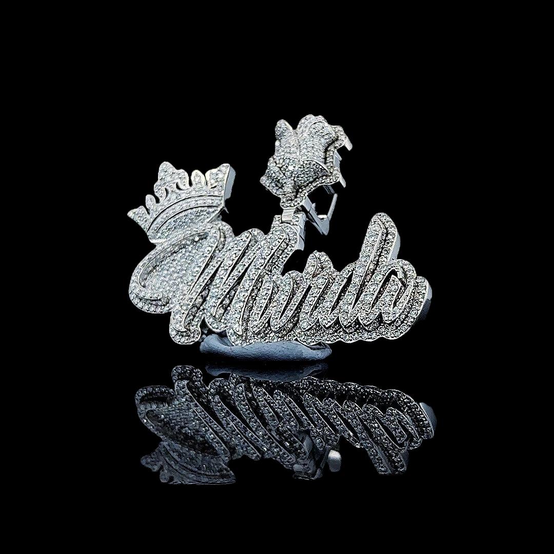 Murda Crowned Legacy Moissanite Script Pendant in 925 Sterling Silver Close Up Front View