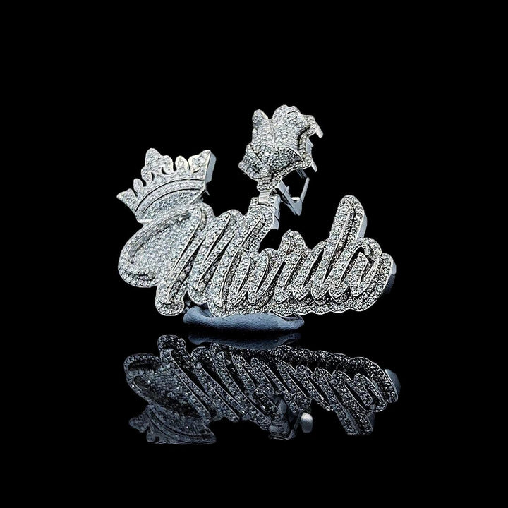 Murda Crowned Legacy Moissanite Script Pendant in 925 Sterling Silver Close Up Front View