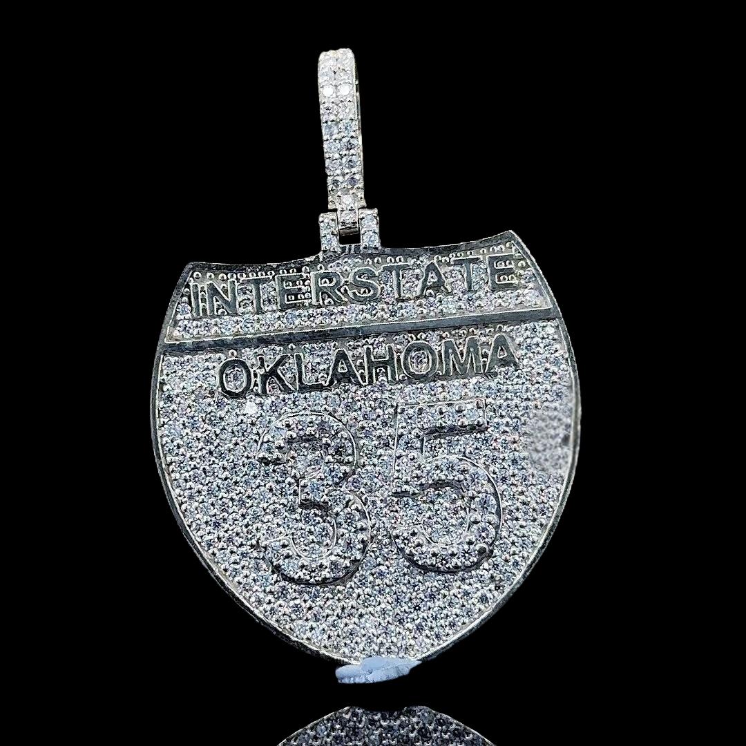 Oklahoma 35 Interstate Moissanite Pendant in 925 Sterling Silver Close Up Front View
