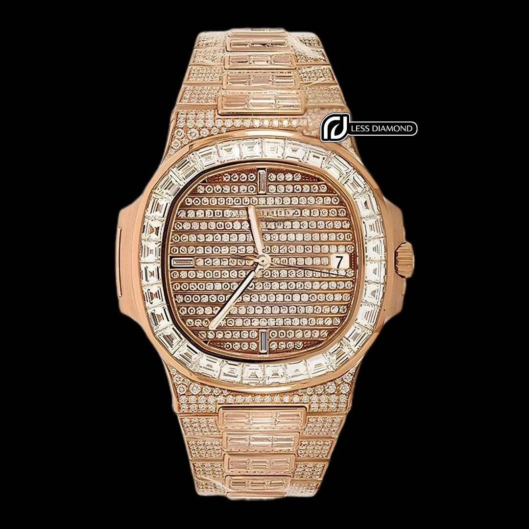 Patek Philippe Nautilus Baguette Diamond Fully Iced Out Rose Gold Moissanite Watch Front View