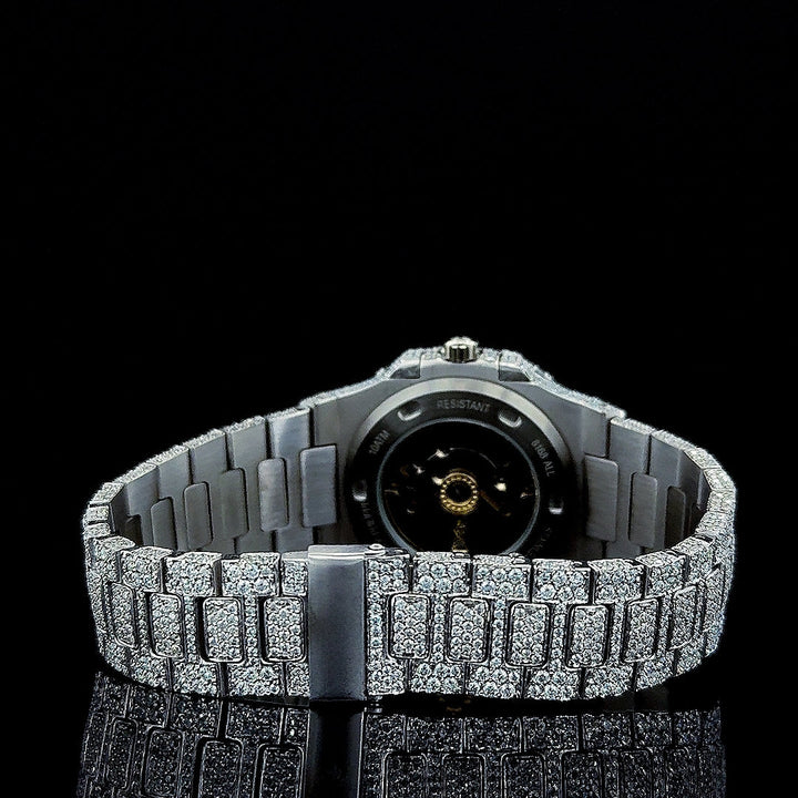 Patek Philippe Nautilus Black Stick Markers Dial Fully Iced Out Moissanite Watch Caseback View