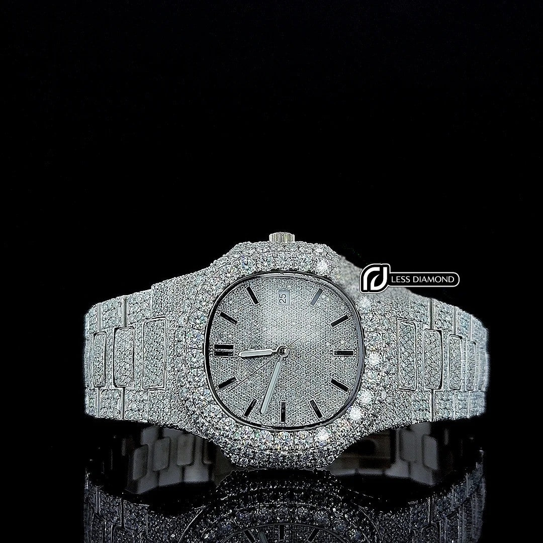 Patek Philippe Nautilus Black Stick Markers Dial Fully Iced Out Moissanite Watch Front View