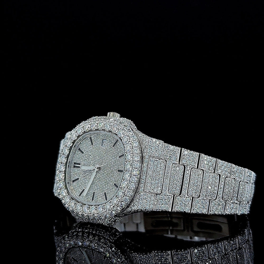 Patek Philippe Nautilus Black Stick Markers Dial Fully Iced Out Moissanite Watch Left Profile View