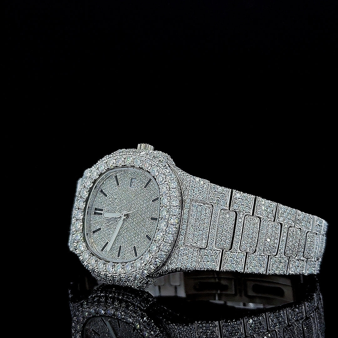 Patek Philippe Nautilus Black Stick Markers Dial Fully Iced Out Moissanite Watch Left Profile View
