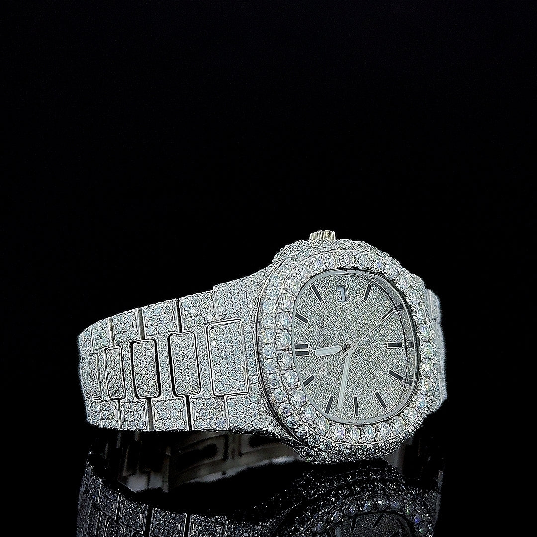 Patek Philippe Nautilus Black Stick Markers Dial Fully Iced Out Moissanite Watch Right Profile View