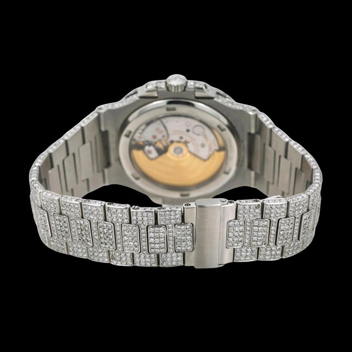Patek Philippe Nautilus Blue Dial Stick Markers Fully Iced Out Moissanite Watch Caseback View
