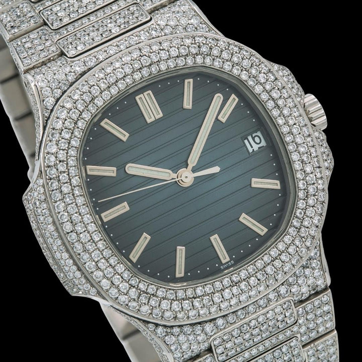 Patek Philippe Nautilus Blue Dial Stick Markers Fully Iced Out Moissanite Watch Close Up Dial View