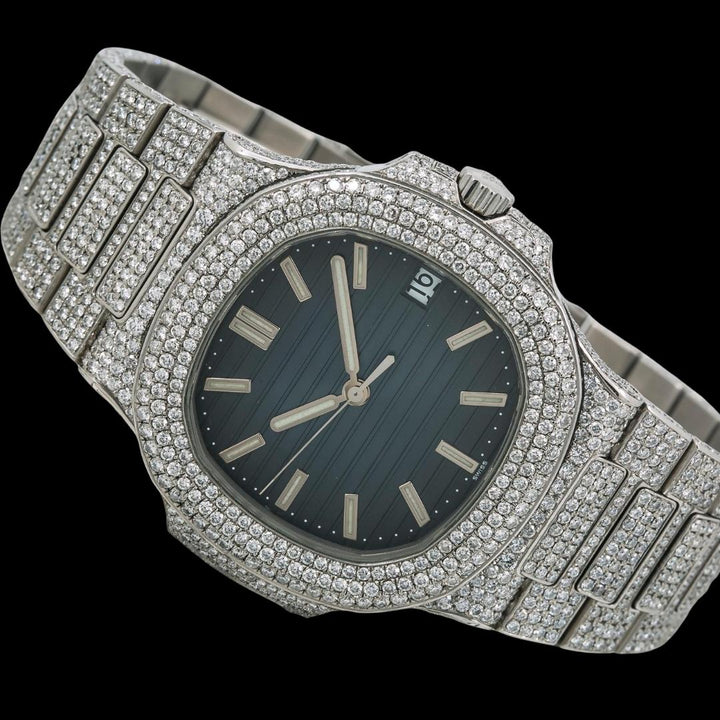 Patek Philippe Nautilus Blue Dial Stick Markers Fully Iced Out Moissanite Watch Close Up Front View