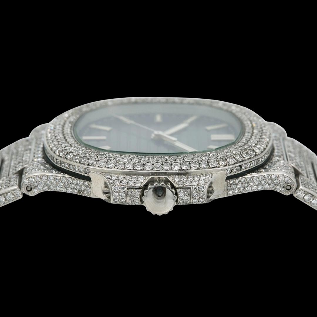 Patek Philippe Nautilus Blue Dial Stick Markers Fully Iced Out Moissanite Watch Crown View