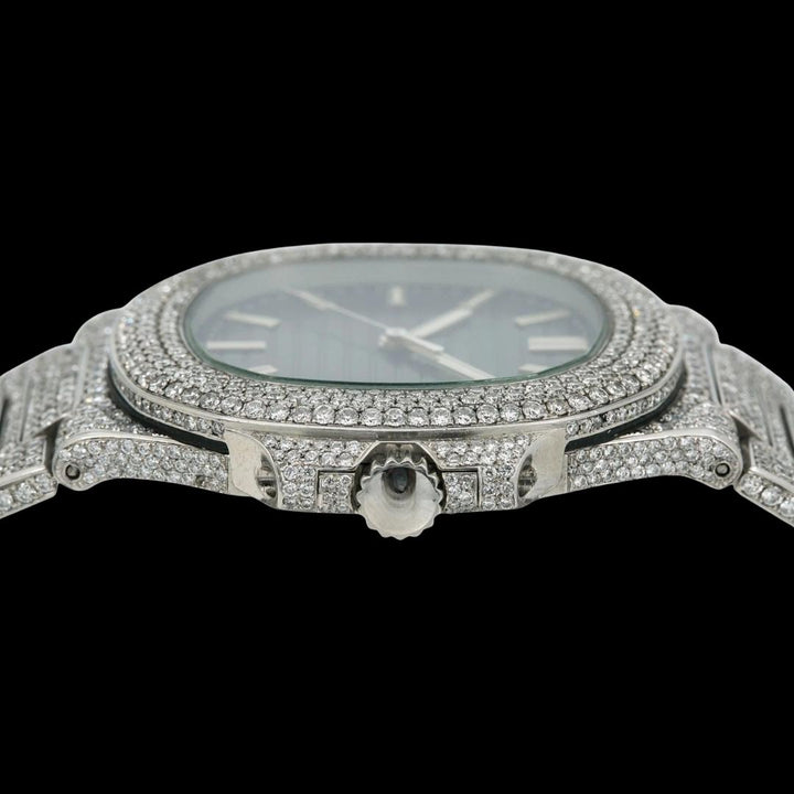 Patek Philippe Nautilus Blue Dial Stick Markers Fully Iced Out Moissanite Watch Crown View