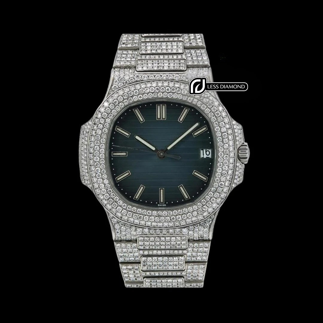 Patek Philippe Nautilus Blue Dial Stick Markers Fully Iced Out Moissanite Watch Front View