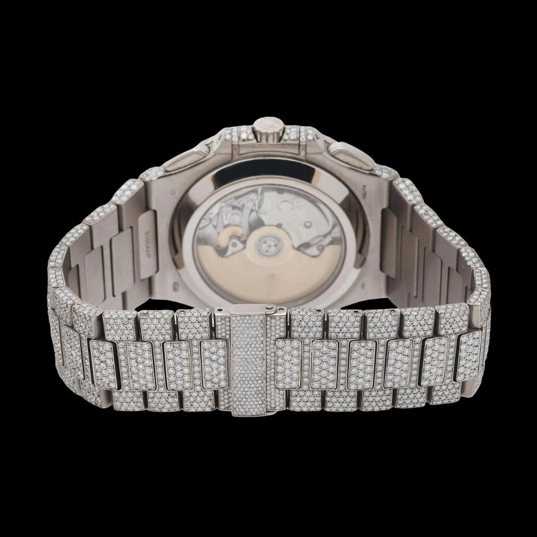 Patek Philippe Nautilus Blue Subdial Stick Markers Fully Iced Out Moissanite Watch Caseback View