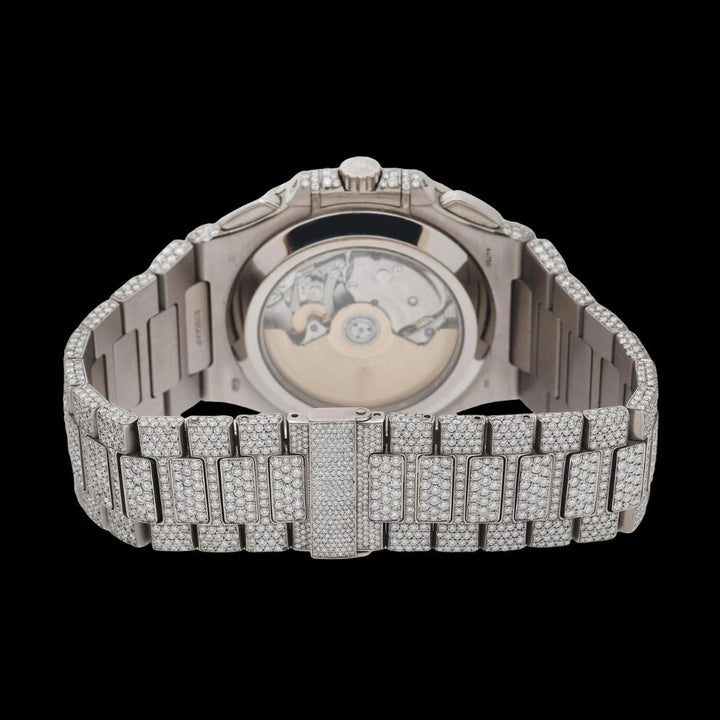 Patek Philippe Nautilus Blue Subdial Stick Markers Fully Iced Out Moissanite Watch Caseback View