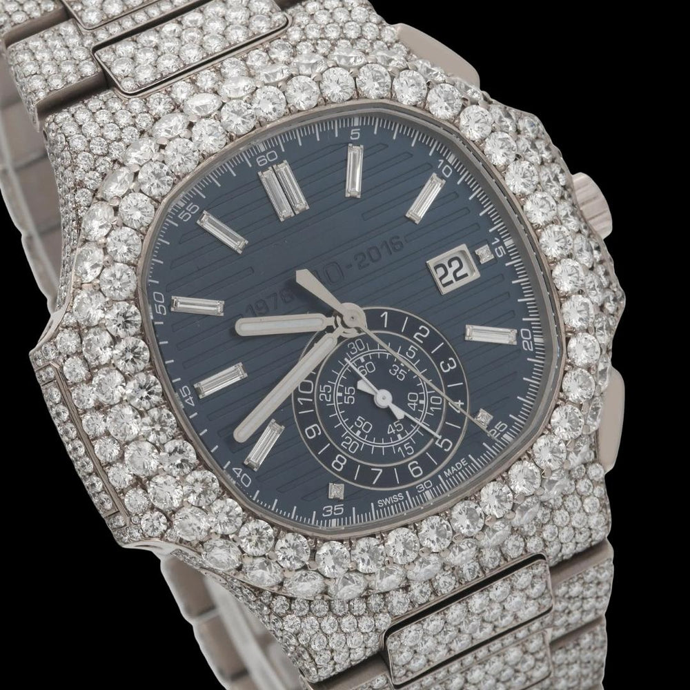 Patek Philippe Nautilus Blue Subdial Stick Markers Fully Iced Out Moissanite Watch Close Up Dial View