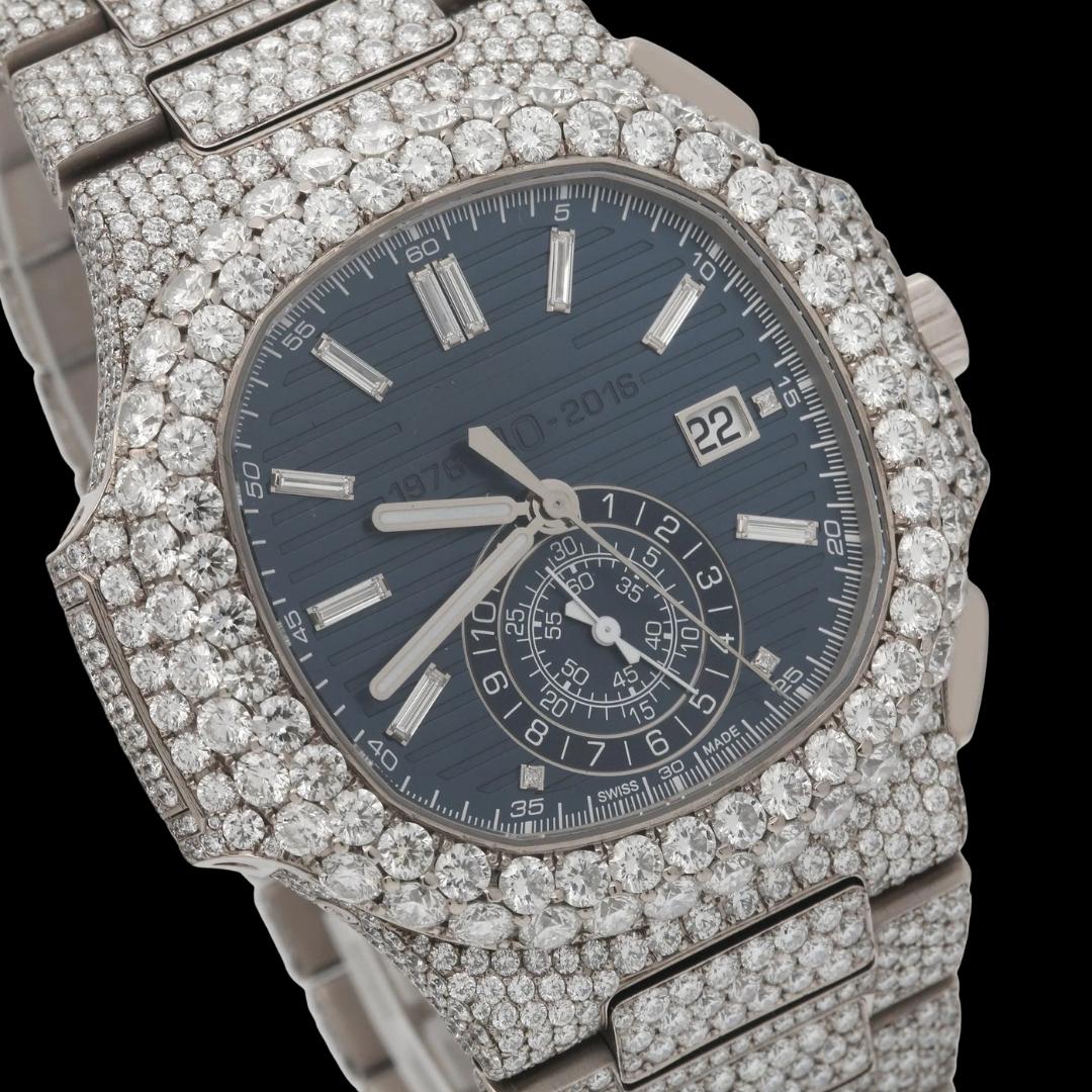 Patek Philippe Nautilus Blue Subdial Stick Markers Fully Iced Out Moissanite Watch Close Up Dial View