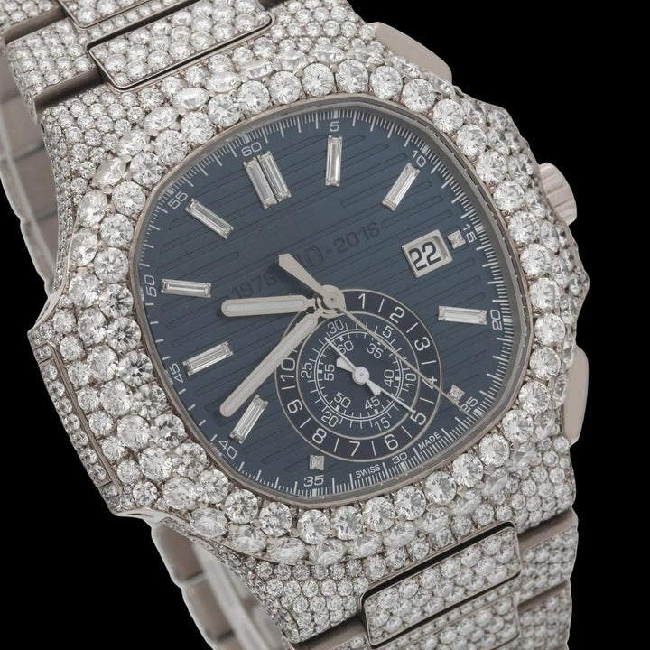 Patek Philippe Nautilus Blue Subdial Stick Markers Fully Iced Out Moissanite Watch Close Up Dial View