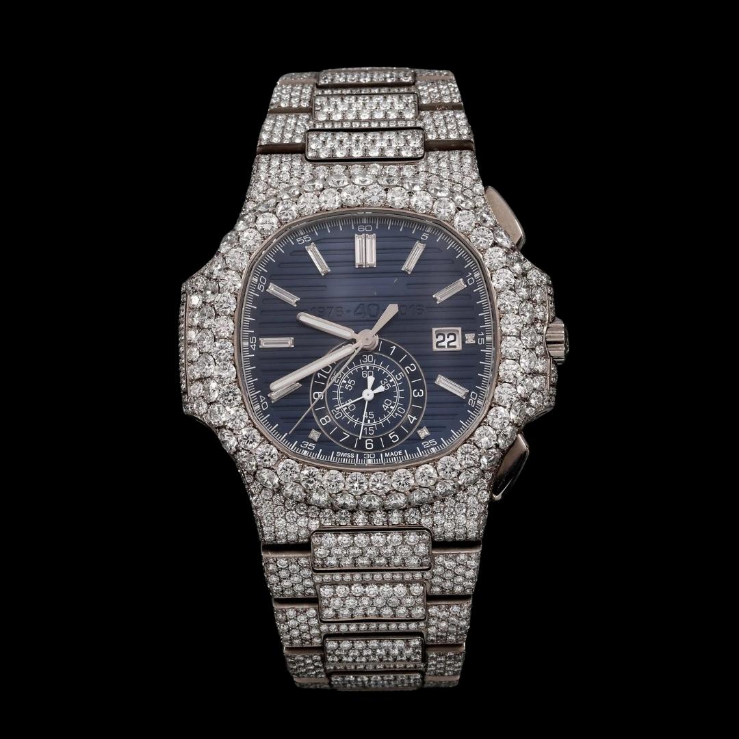 Patek Philippe Nautilus Blue Subdial Stick Markers Fully Iced Out Moissanite Watch Close Up Front View